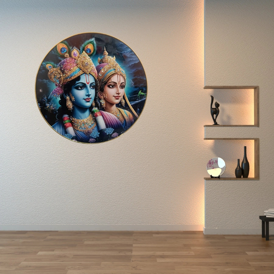 Glitter Big Rounded Radha-Krishna Painting 14″