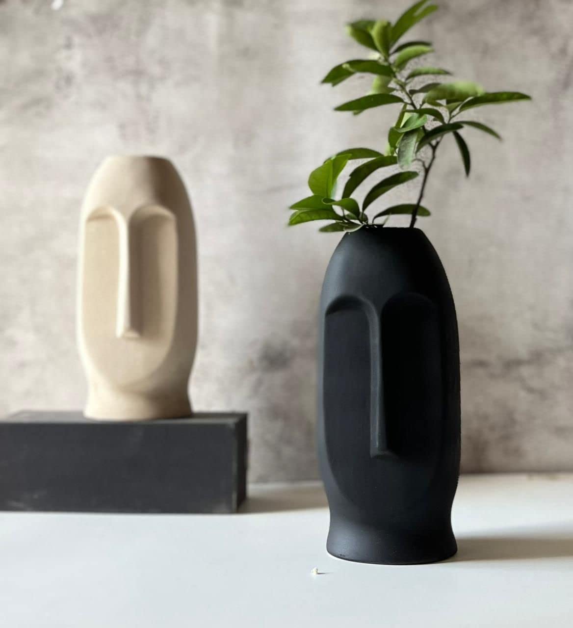 Black Ceramic Abstract Face Vase | Ceramic Flower Vase | Matte(Rough) Finish, 10 Inches (Black)
