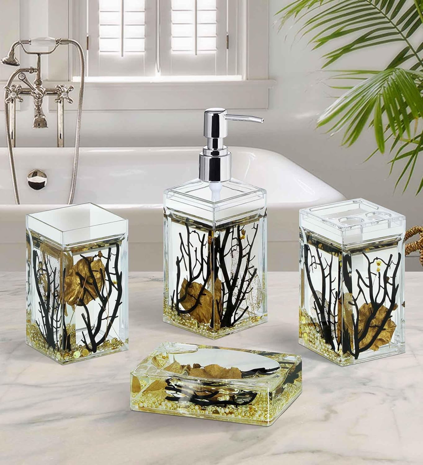 Premium Acrylic 4Pcs Bathroom Set – Black and Gold