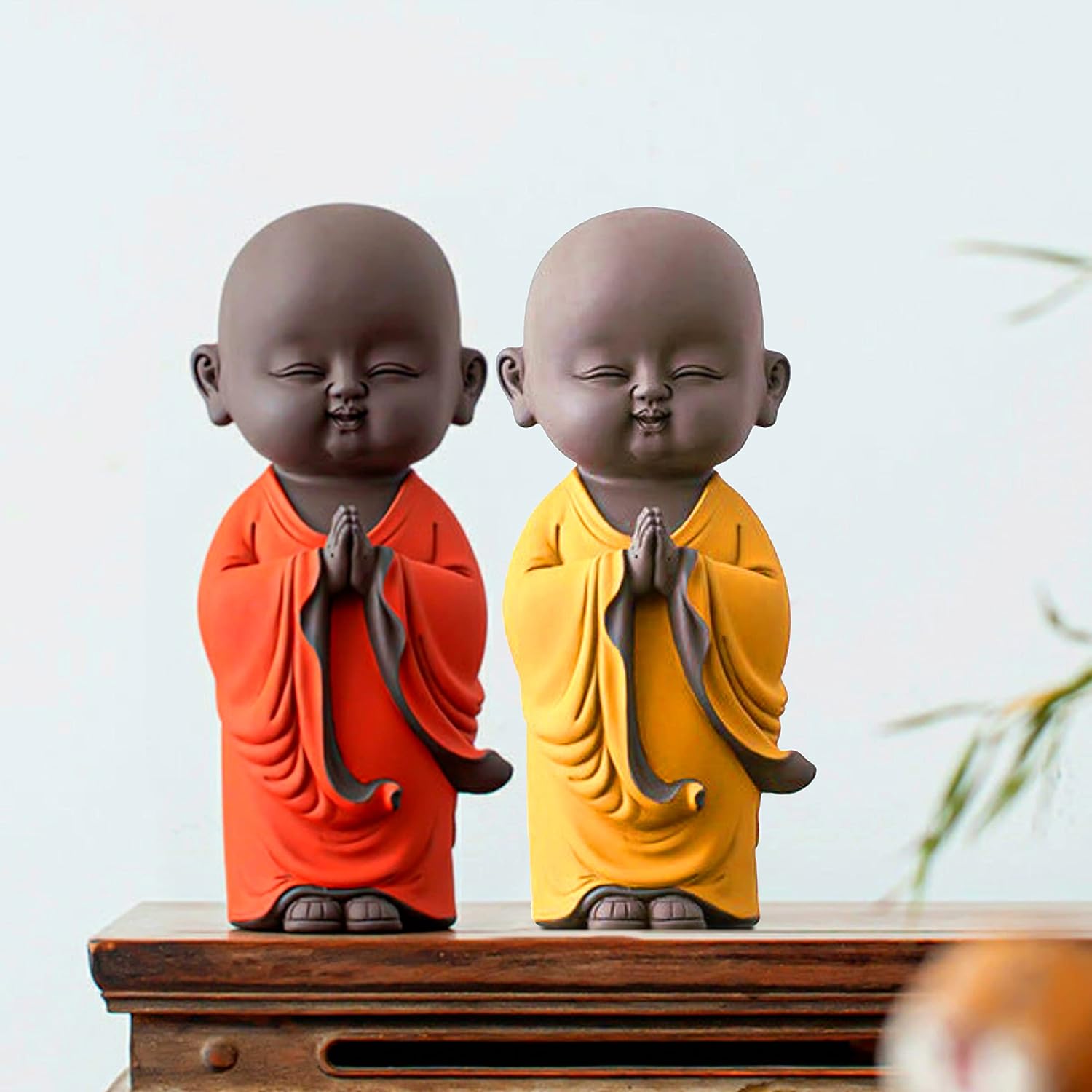 Blessing BUDDHA Set of 2 Namaste Smiling Monk Statue for Home Decoration 25 CM