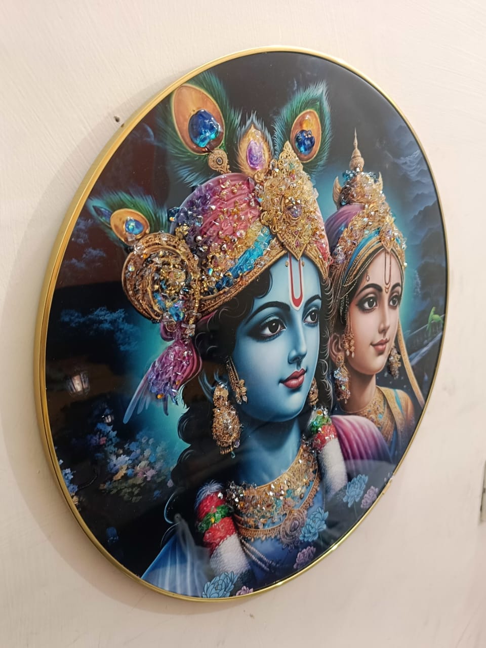 Glitter Big Rounded Radha-Krishna Painting 14″
