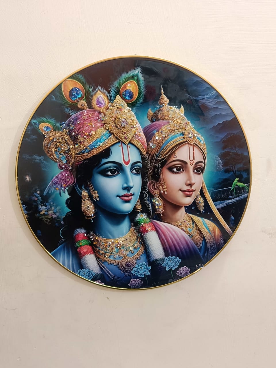 Glitter Big Rounded Radha-Krishna Painting 14″