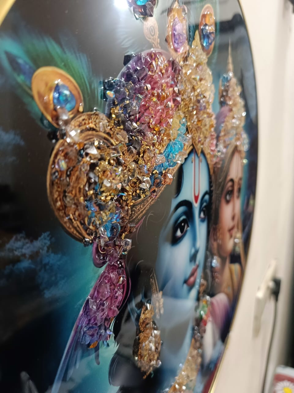 Glitter Big Rounded Radha-Krishna Painting 14″