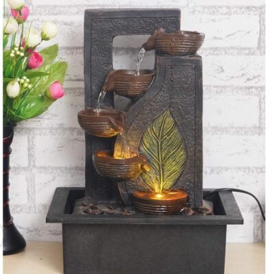 Table Top Black 4 Diya Steps & Green Leaf Design Indoor Waterfall Fountain
