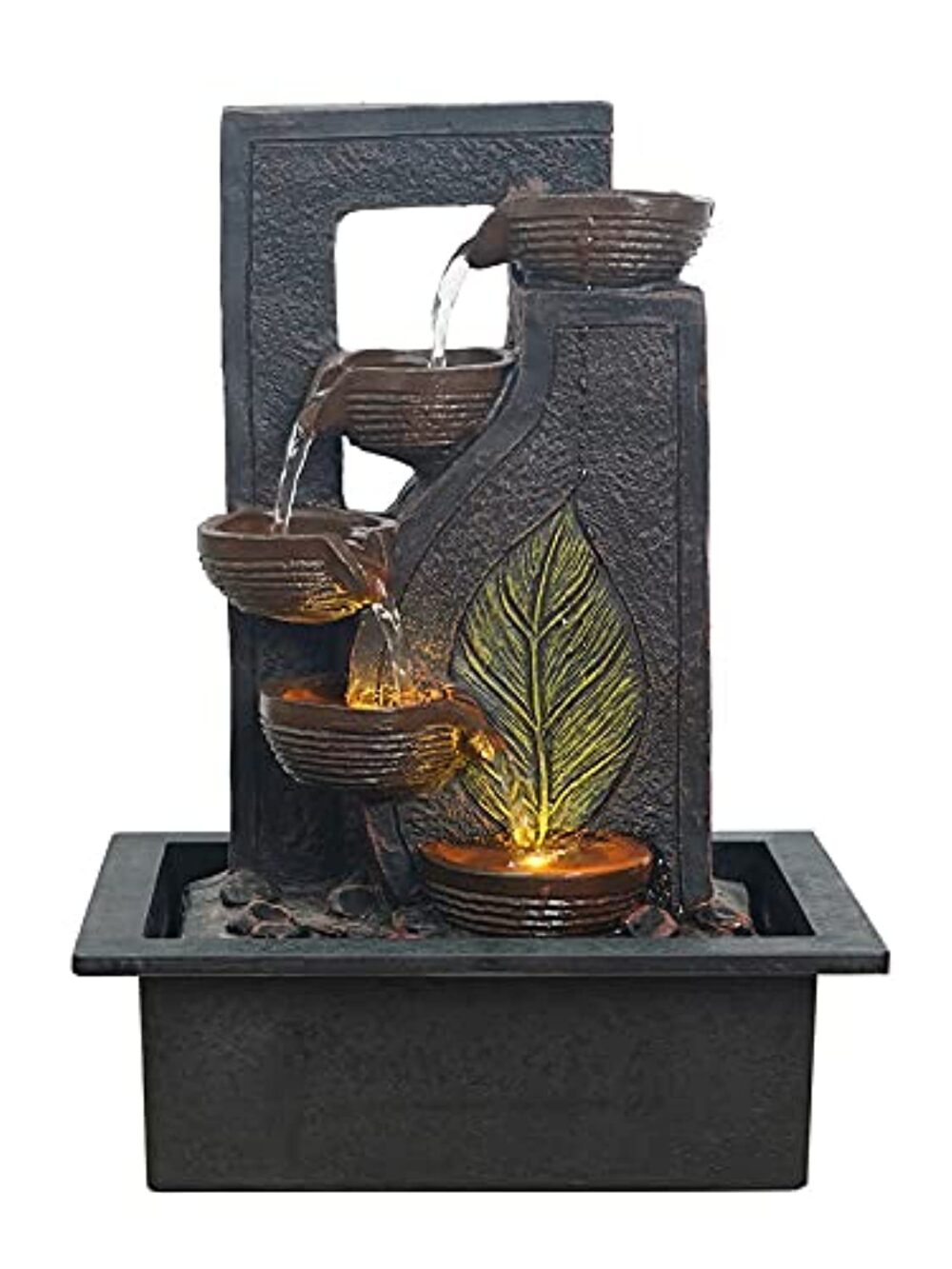 Table Top Black 4 Diya Steps & Green Leaf Design Indoor Waterfall Fountain - Image 3