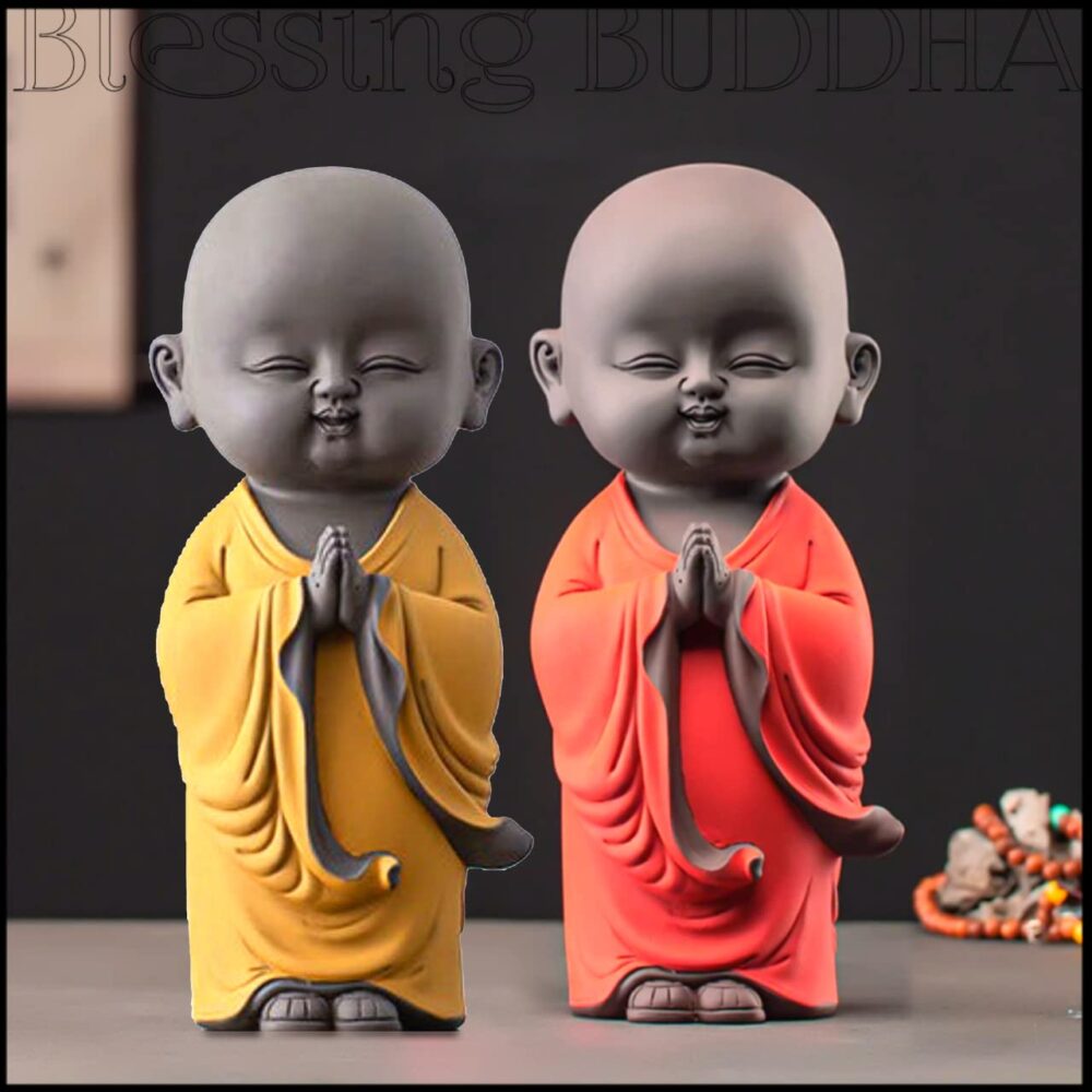 Blessing BUDDHA Set of 2 Namaste Smiling Monk Statue for Home Decoration 25 CM