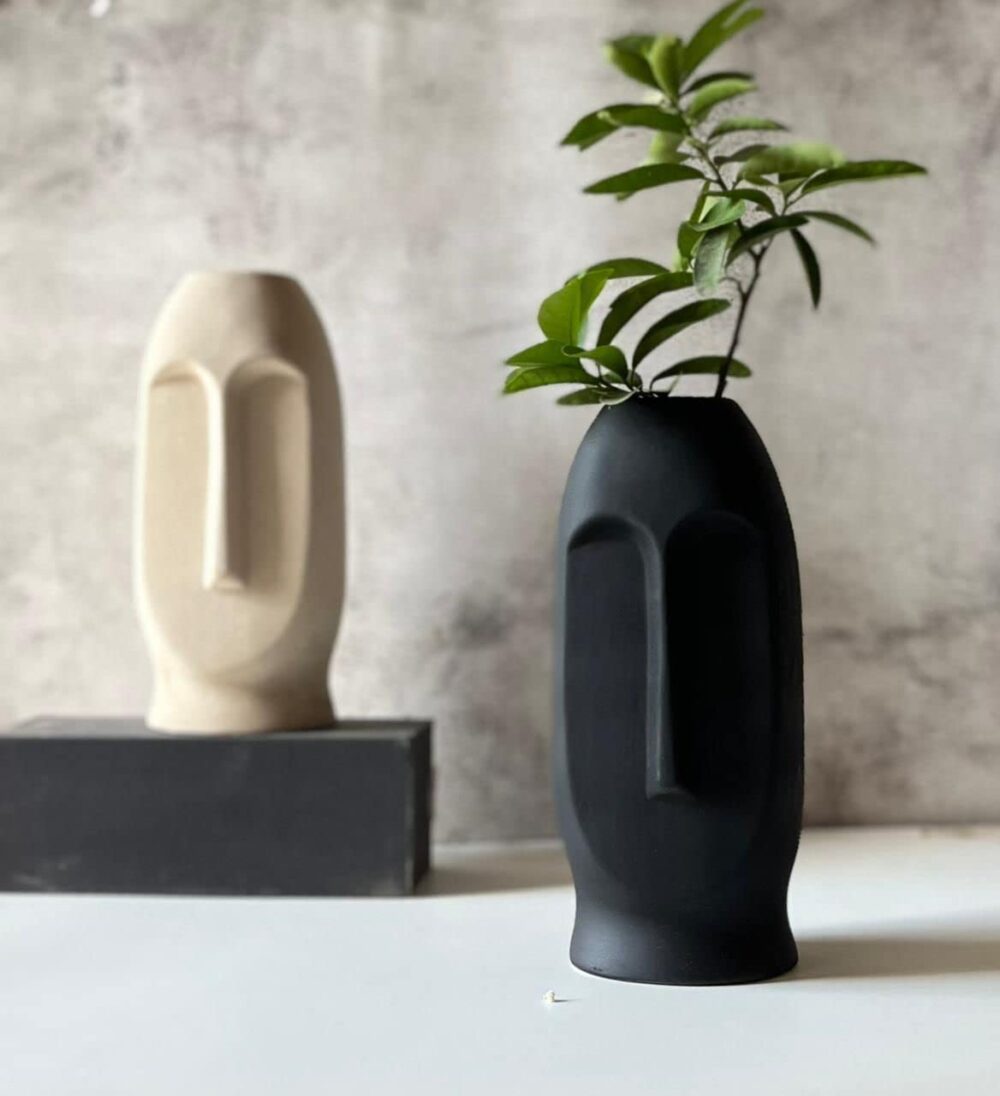 Black Ceramic Abstract Face Vase | Ceramic Flower Vase | Matte(Rough) Finish, 10 Inches (Black) - Image 2