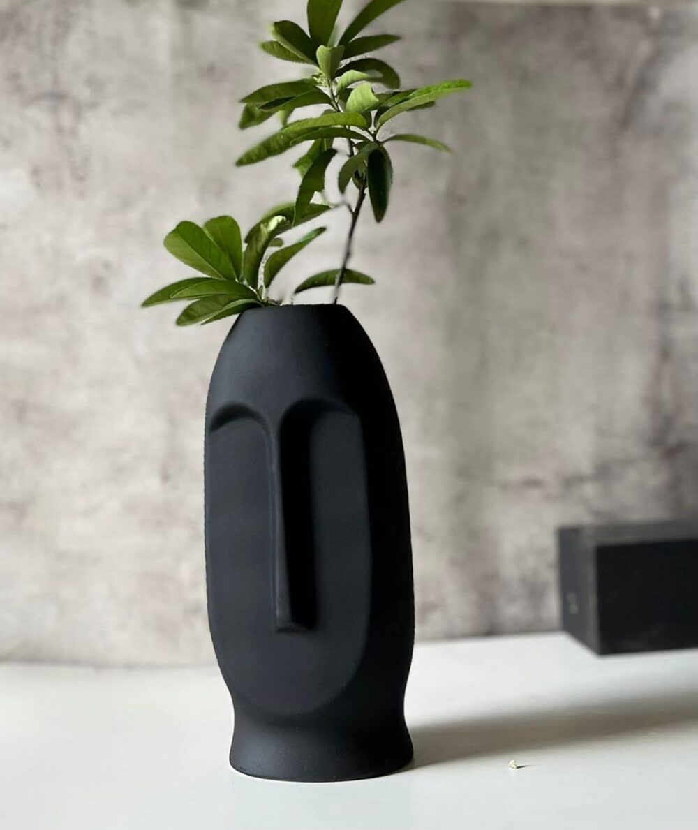 Black Ceramic Abstract Face Vase | Ceramic Flower Vase | Matte(Rough) Finish, 10 Inches (Black)